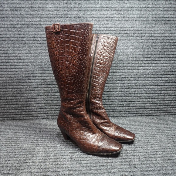 ECCO Boots Womens 9.5 Brown Croc Crocodile Zip Knee high Heels - Picture 1 of 11